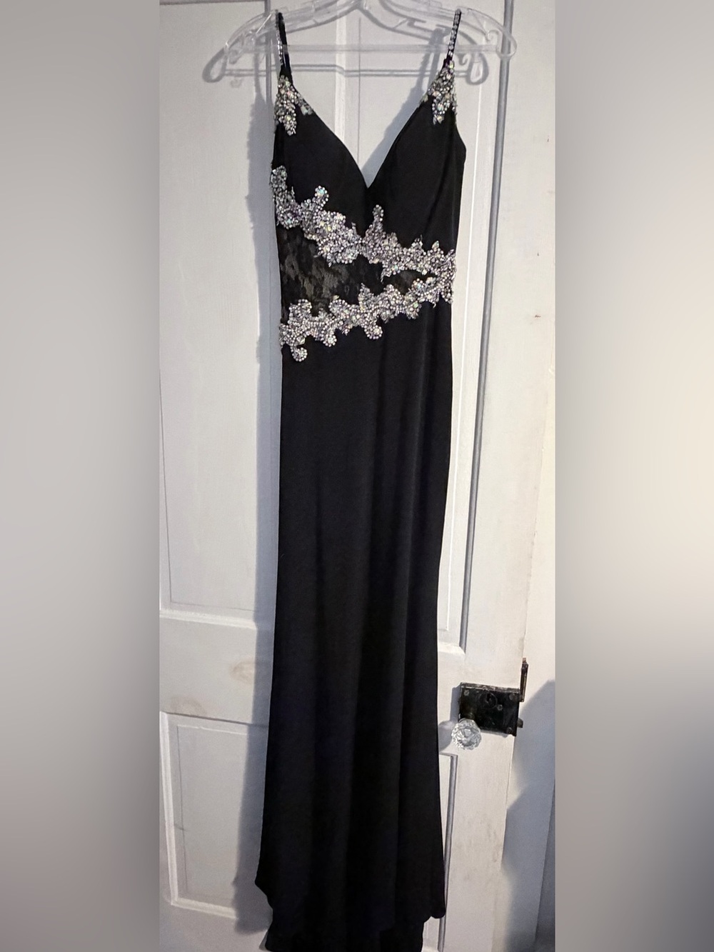 Mac Duggal Black Maxi Gown with Silver Crystal Appliqué